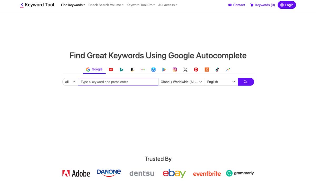 KeywordTool.io homepage capture, a resourceful local SEO tool for long-tail keyword discovery.