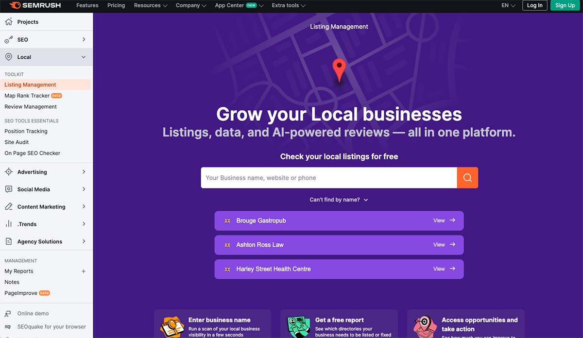 SEMrush Listing Management Tool homepage highlighting its capabilities as a comprehensive local SEO tool.