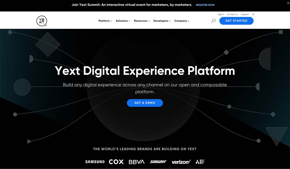 Yext platform homepage screenshot, an all-in-one local SEO tool for managing digital presence.