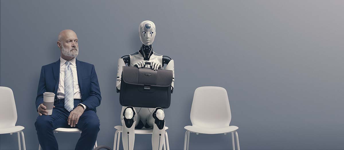 Businessman and robot waiting for interview, representing AI in digital marketing."