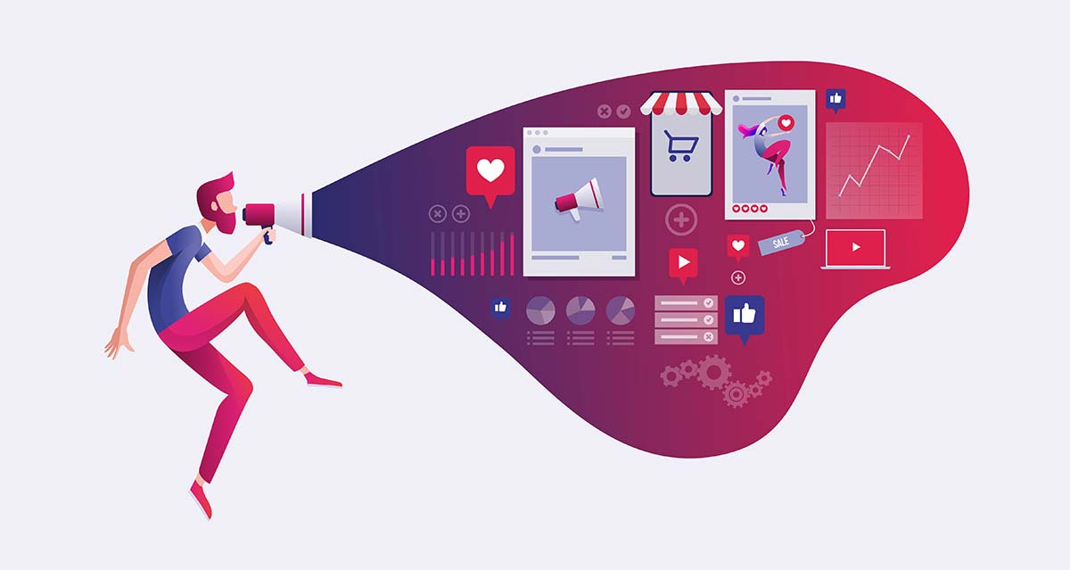 Digital marketing concept with a figure using a megaphone merging into graphics symbolizing online marketing channels and metrics.