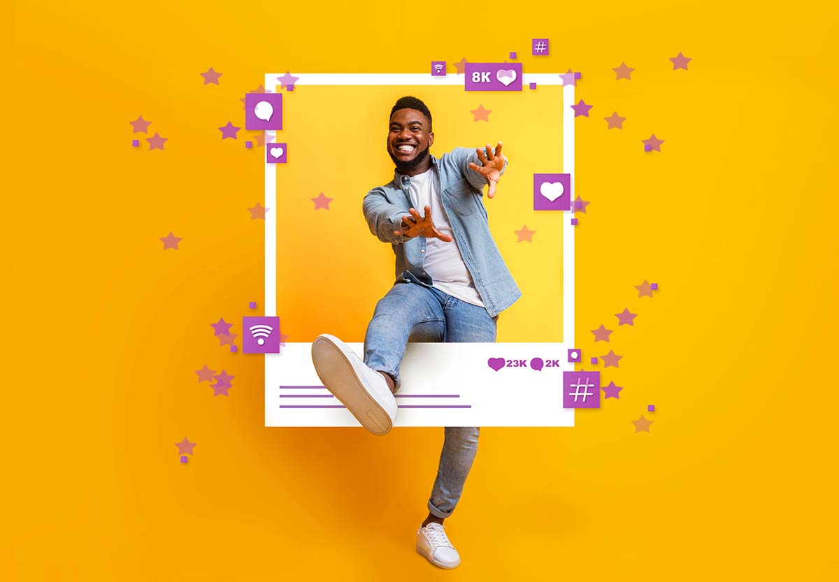 Man in a social media frame celebrating virtual likes and shares, illustrating influencer marketing success.