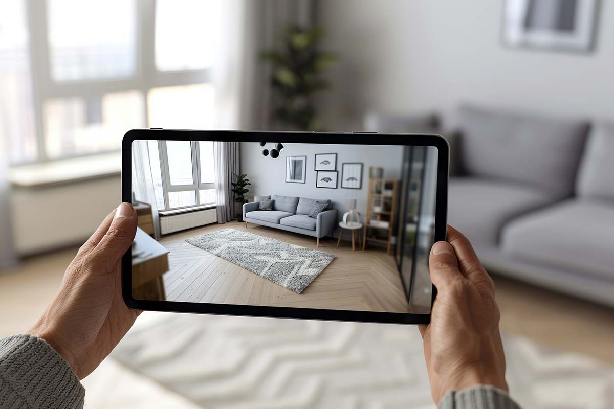 Hands holding a tablet displaying a stylish living room with augmented reality elements, showcasing the use of AR in small business marketing strategies