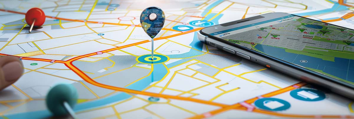 A detailed map with a smartphone, representing location-based approaches in small business marketing strategies.