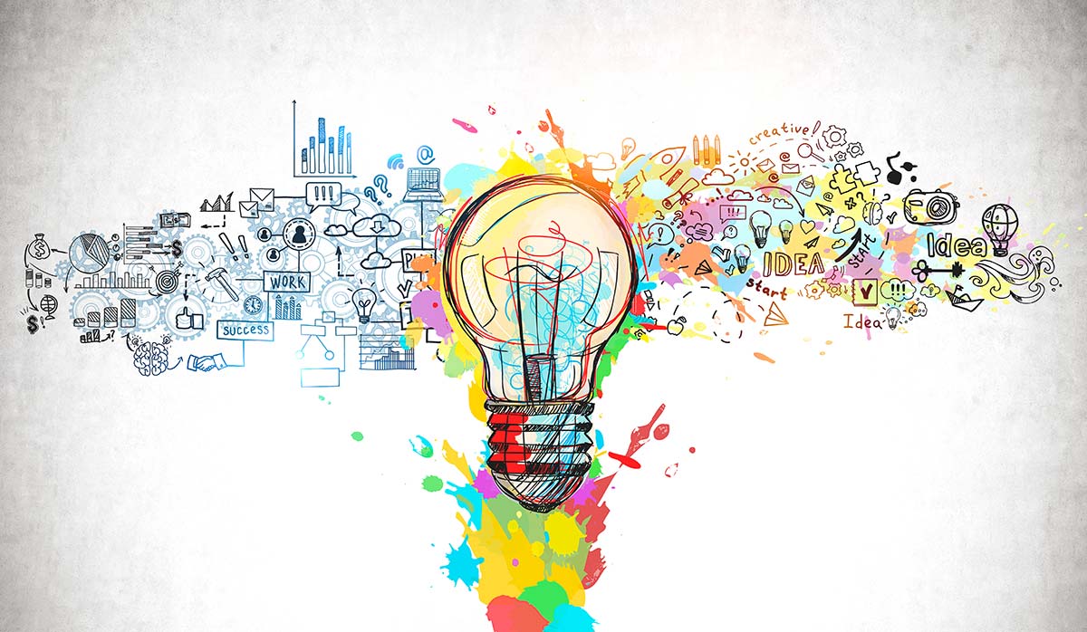 Colorful lightbulb surrounded by creative doodles, representing the innovative ideas and big momentum sparked by small wins in business.