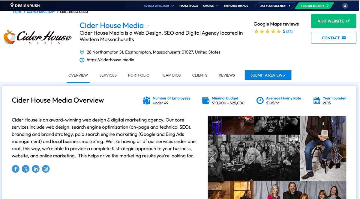 Cider House Media directory listing on DesignRush showing structured business citation with name, address, and website.