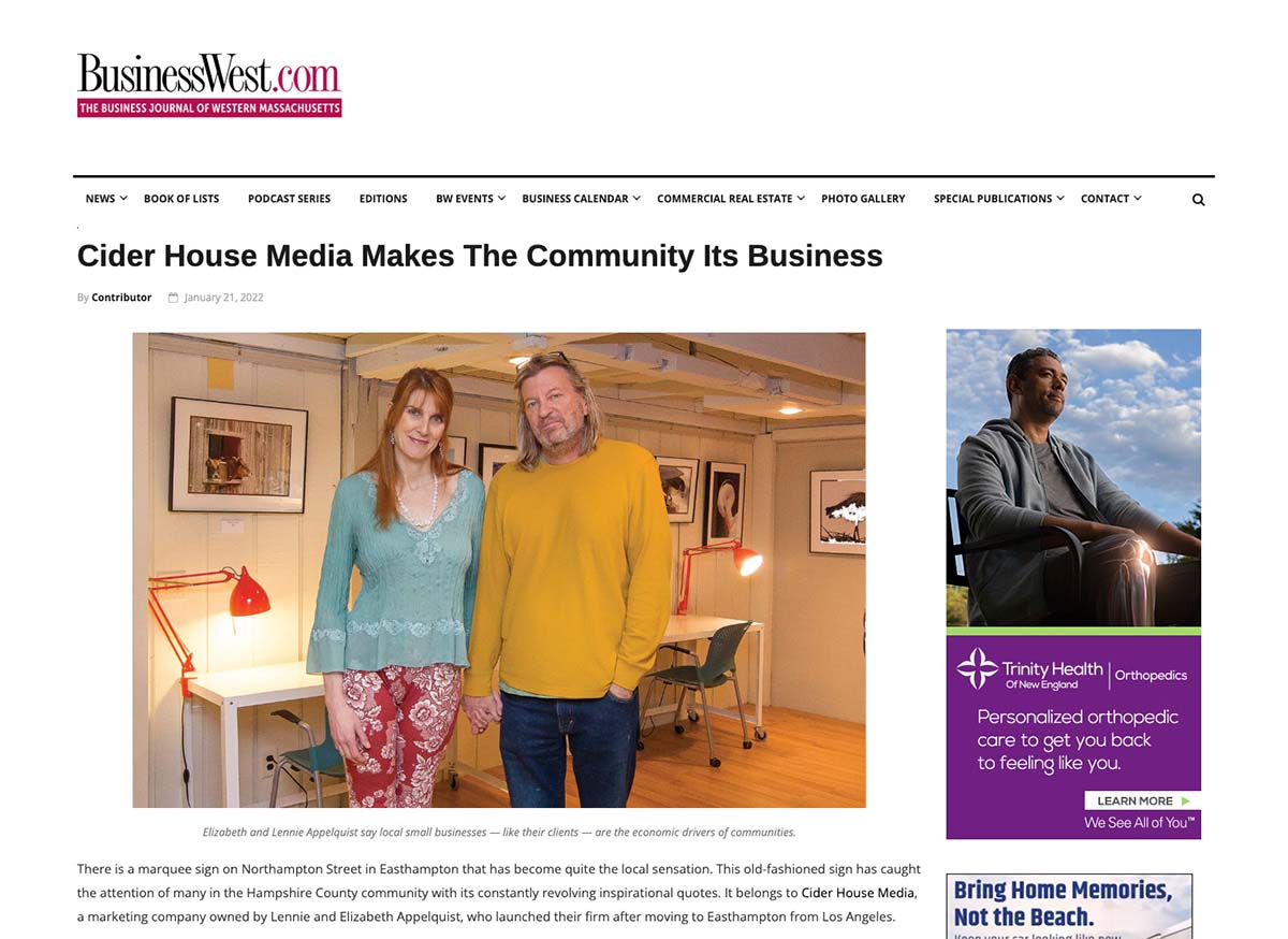 Elizabeth and Lennie Appelquist of Cider House Media featured in BusinessWest Magazine article, an example of unstructured local citation.