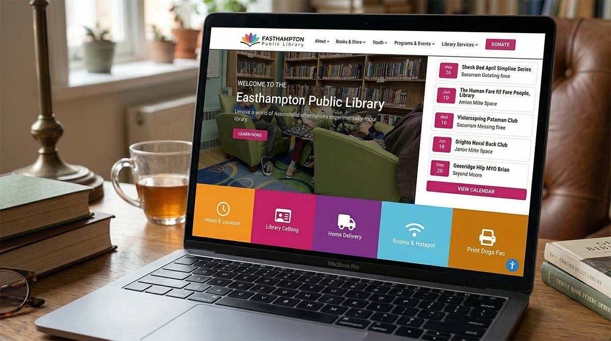 Easthampton Public Library website on laptop showing events and services
