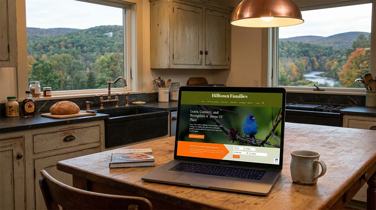 Hilltown Families website on laptop showing community content and resources