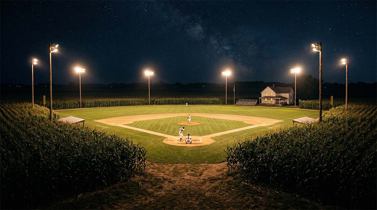 Baseball field at night surrounded by cornfields, inspired by Field of Dreams