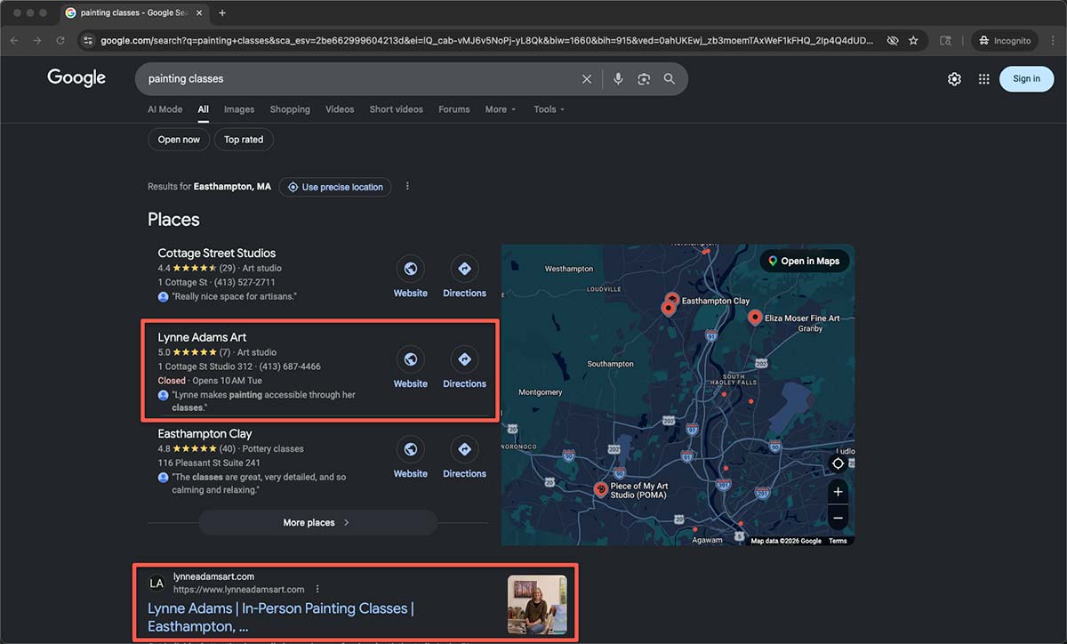 Google search results for painting classes showing local artist ranking in map pack and organic results in Easthampton MA