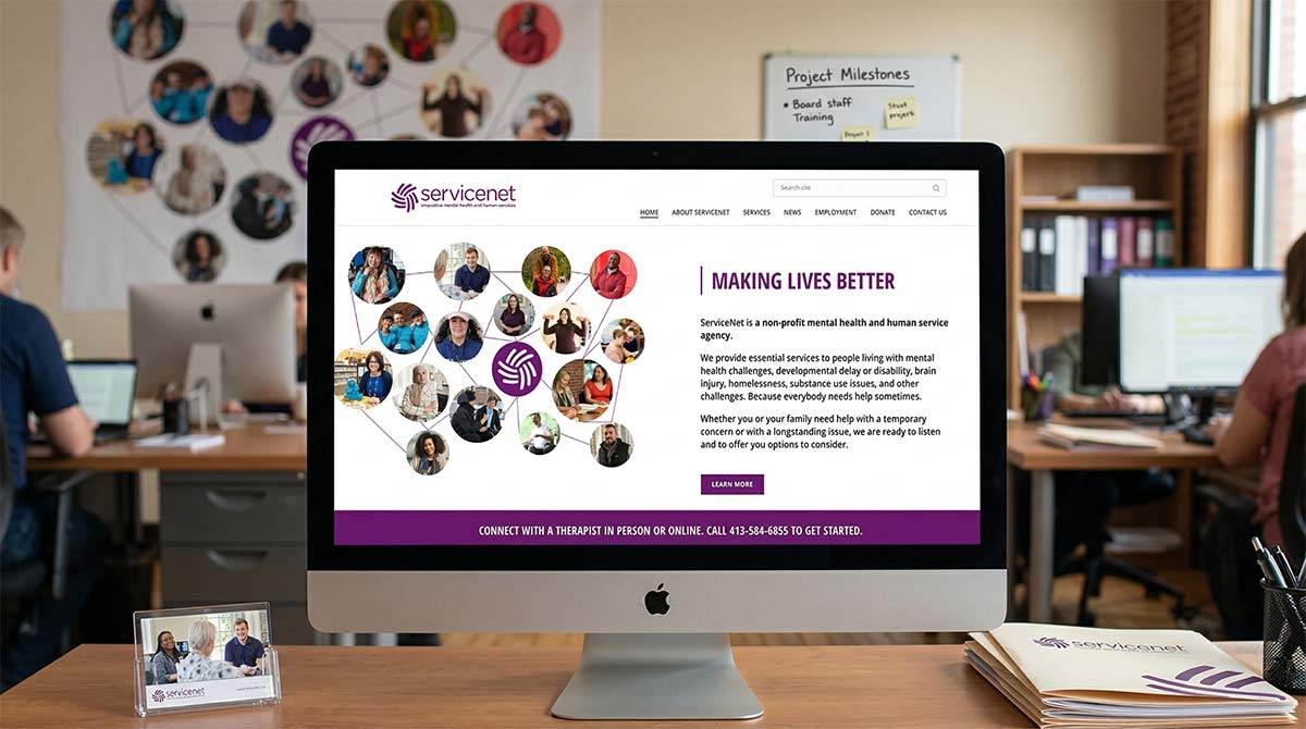 ServiceNet nonprofit website displayed on desktop computer