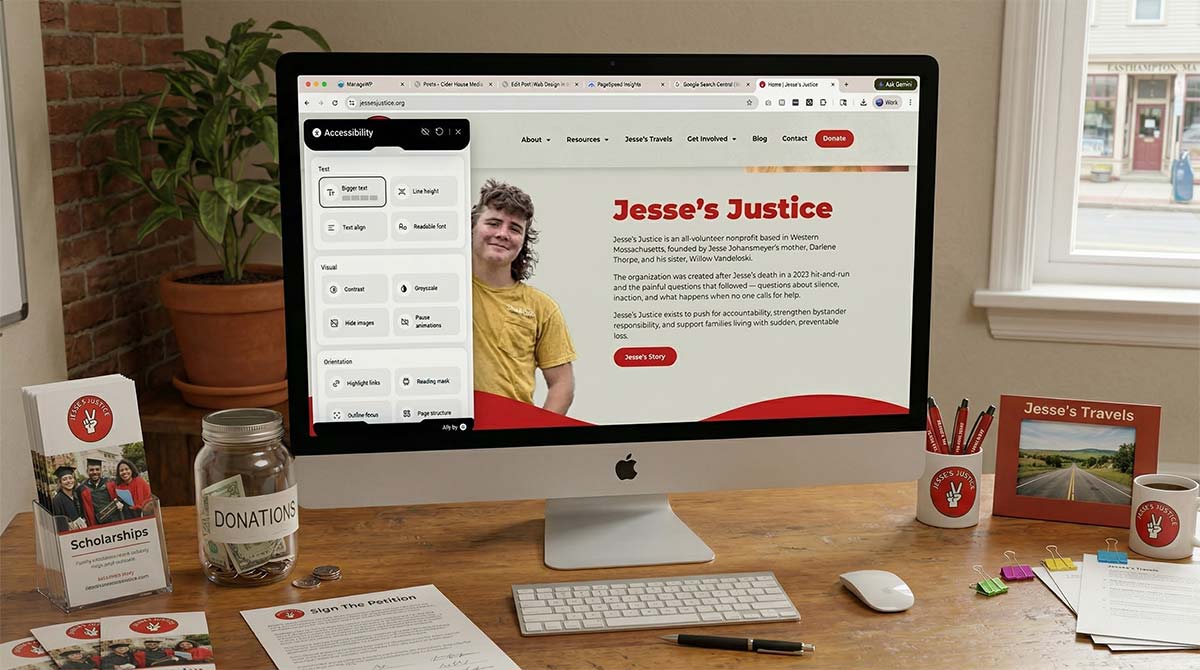 Jesse’s Justice nonprofit website with accessibility tools enabled, web design in Springfield MA for nonprofits accessibility example