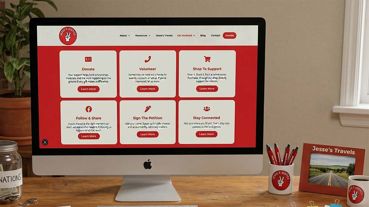 Jesse’s Justice nonprofit website showing donation, volunteer, and engagement options, web design in Springfield MA for nonprofits calls to action