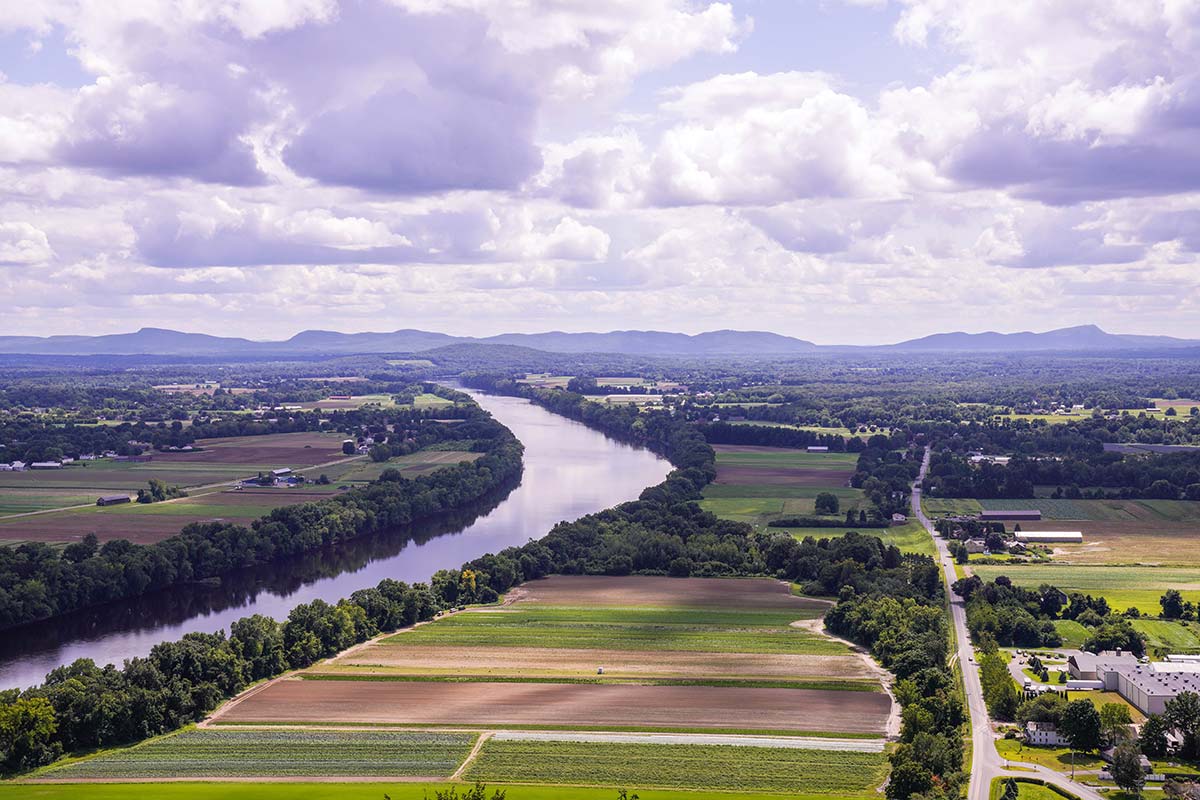 Aerial view of Pioneer Valley landscape and Connecticut River, representing local market for Pioneer Valley WordPress businesses