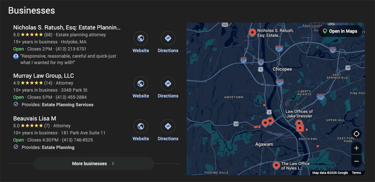 A screen capture of the Google Map Pack showing the top 3 search results for "estate planning attorney in West Springfield" as an example of wordpress for SEO.