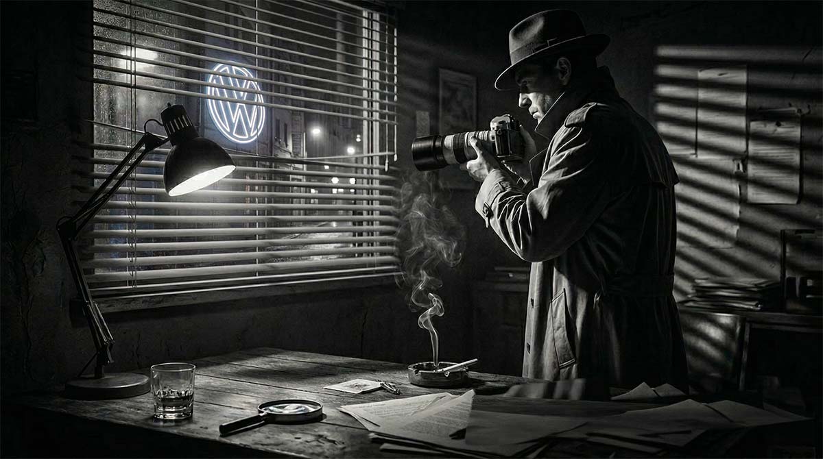 Noir-style detective photographing a target through blinds, representing analyzing local competitors and search rankings in Western Massachusetts