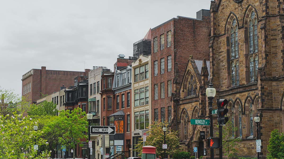 Downtown Springfield streetscape with historic buildings and local storefronts, representing small business web design in Western Massachusetts
