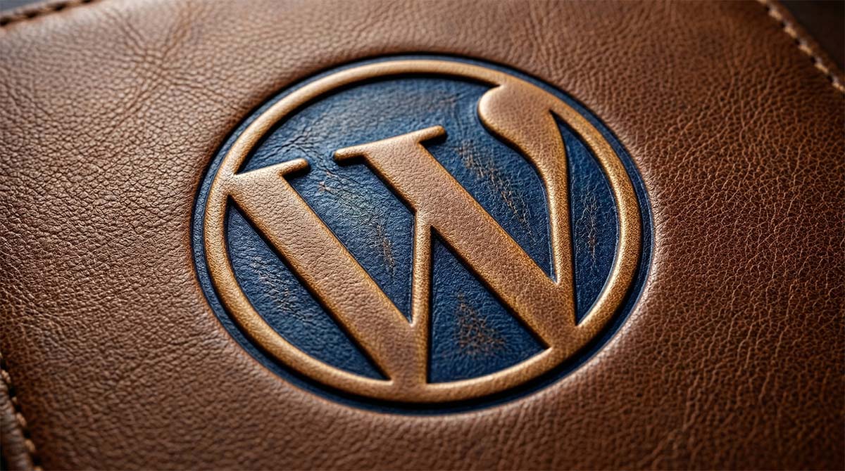 Close‑up of WordPress logo embossed on leather, representing a reliable WordPress website for home services with a focus on craftsmanship