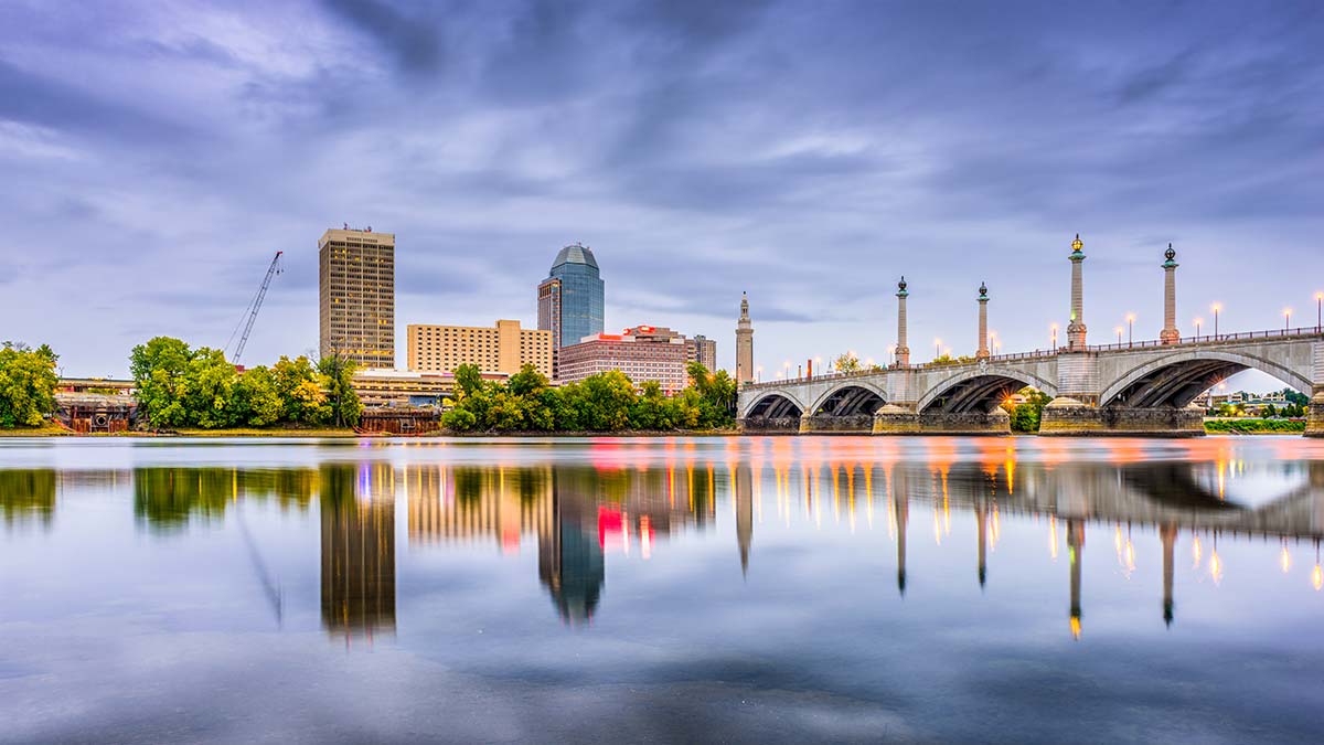 Springfield Massachusetts skyline over the Connecticut River