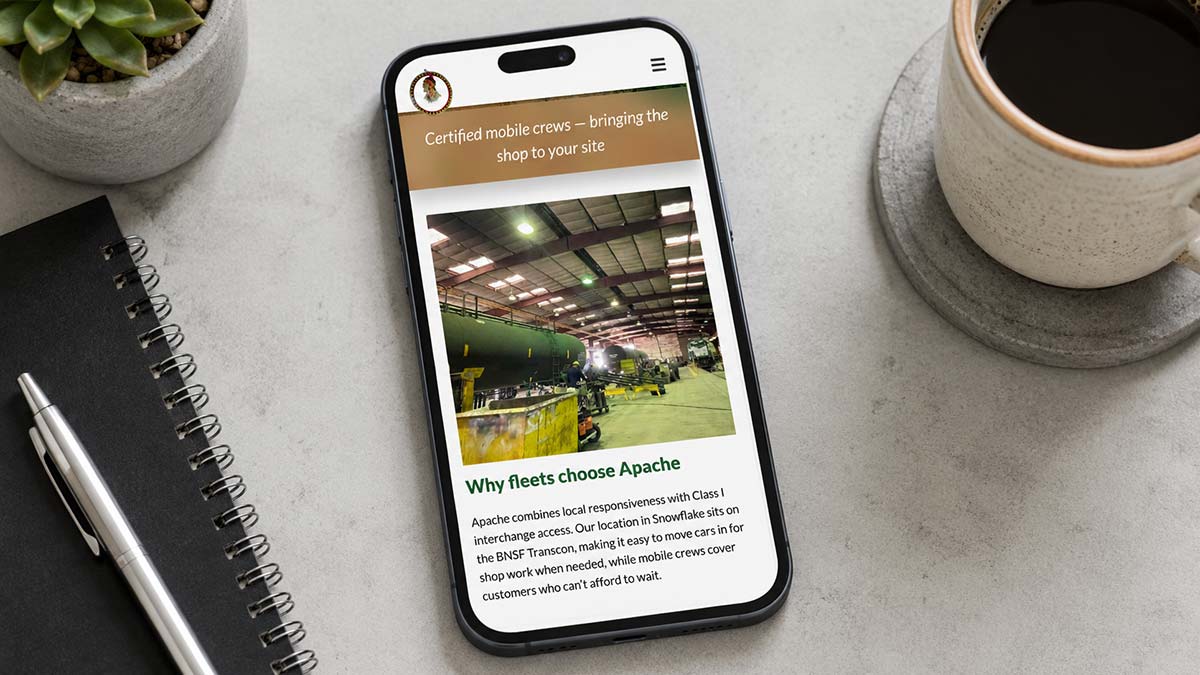 Mobile phone mockup of the new apache railway website