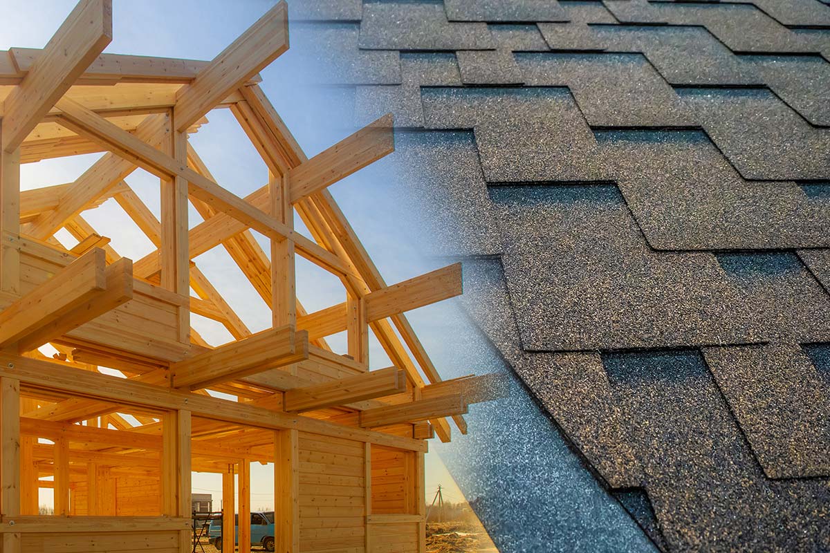 Roof framing and finished shingles illustrating the foundation of a successful roofing marketing strategy