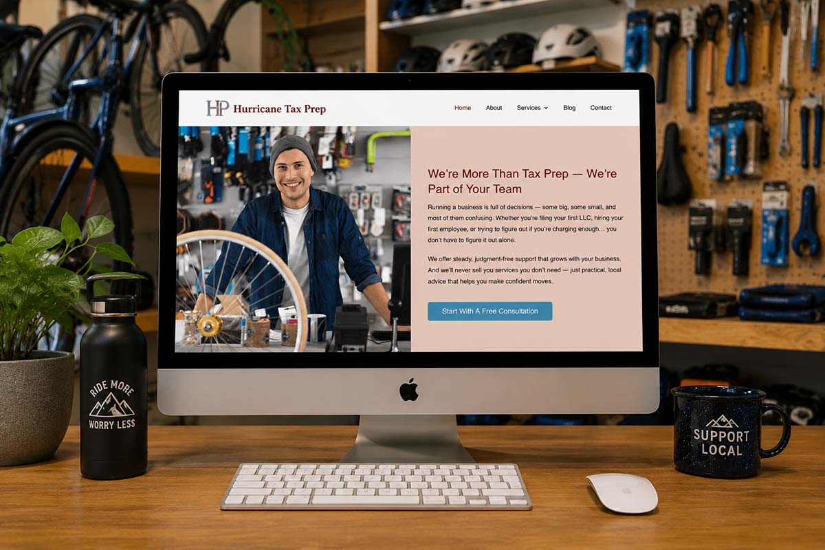 Desktop mockup of the Hurricane Tax Prep website, designed and built by Cider House Media