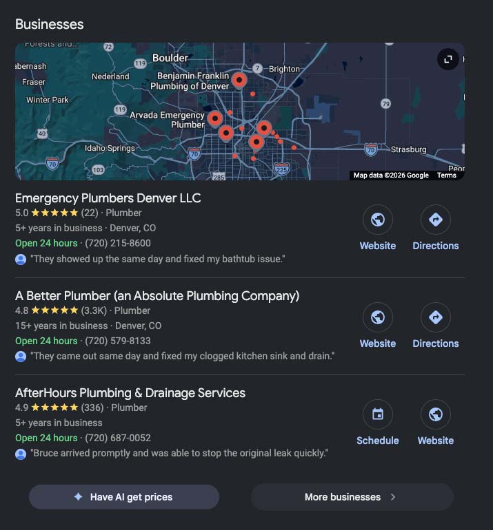 Google Map Pack results for a search for emergency plumber in Denver, Colorado