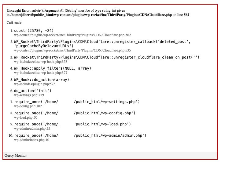 WordPress debugging screen showing a fatal WP Rocket error in the Cloudflare integration file.