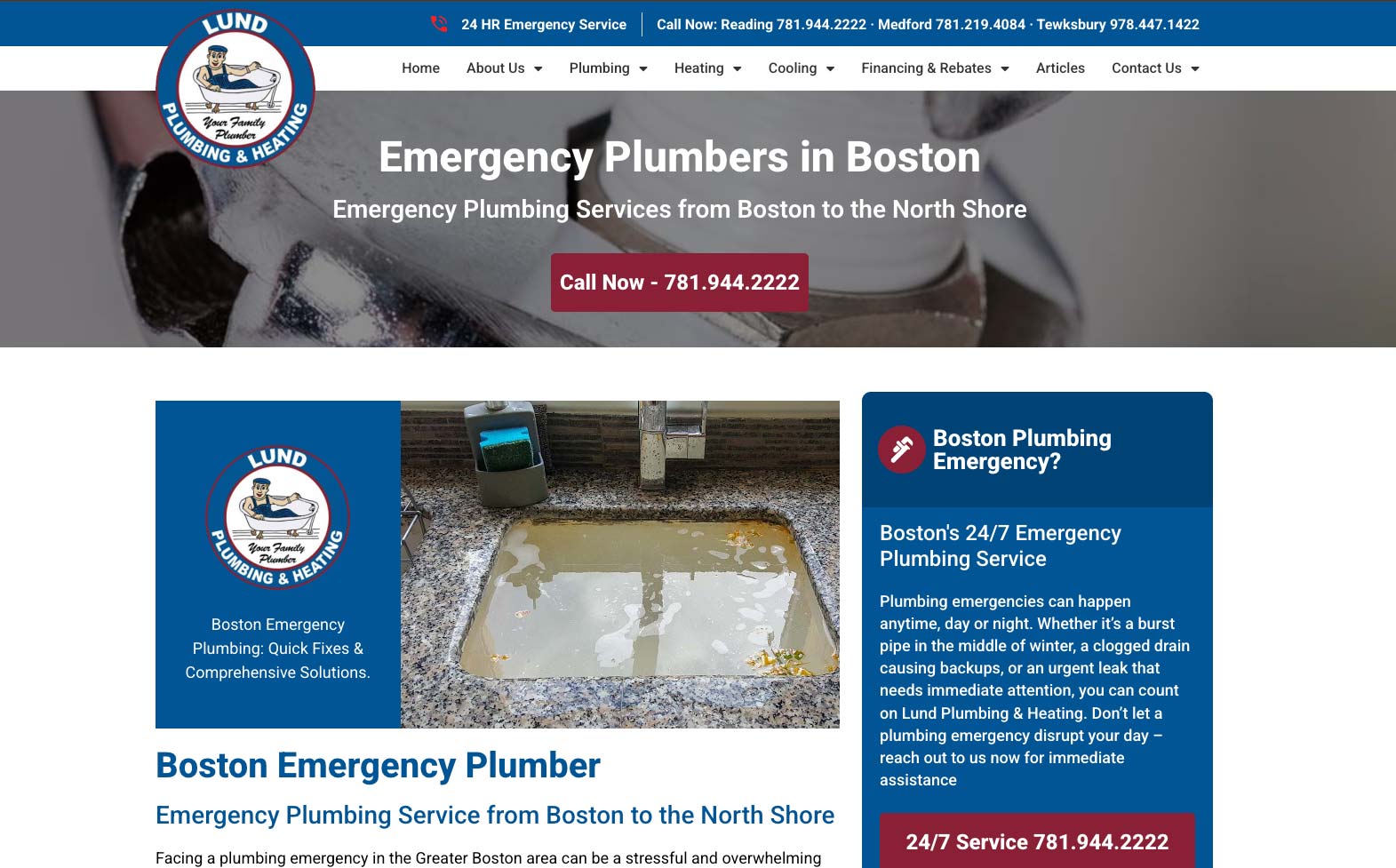 Emergency plumber service page for Lund Plumbing & Heating with prominent 24-hour service and call-now options