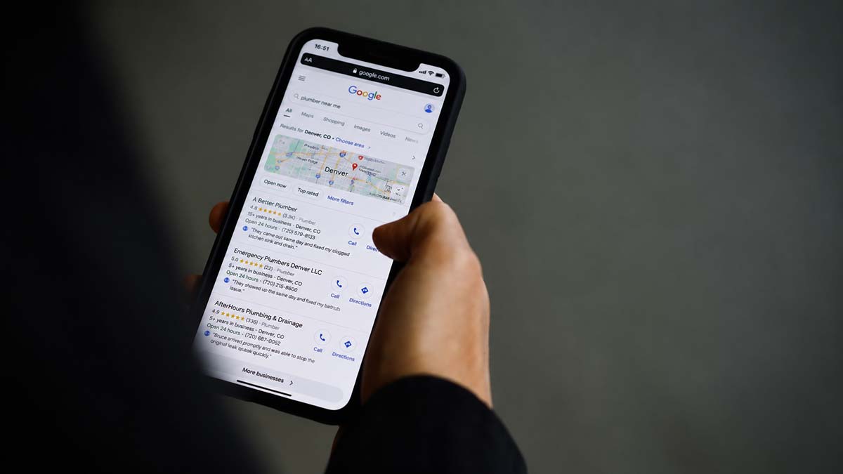 Google Map Pack for a plumber near me search displayed on a smartphone