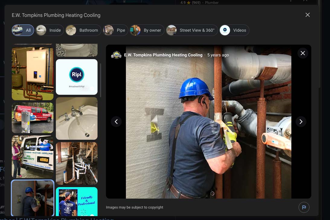 Google Business Profile photo gallery showing a plumber working on commercial piping