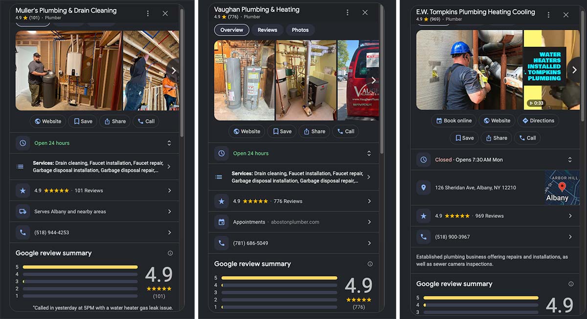 Three plumber Google Business Profiles showing photos, services, ratings and customer reviews