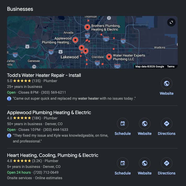 Google Map Pack results for a search for plumber in Denver, Colorado