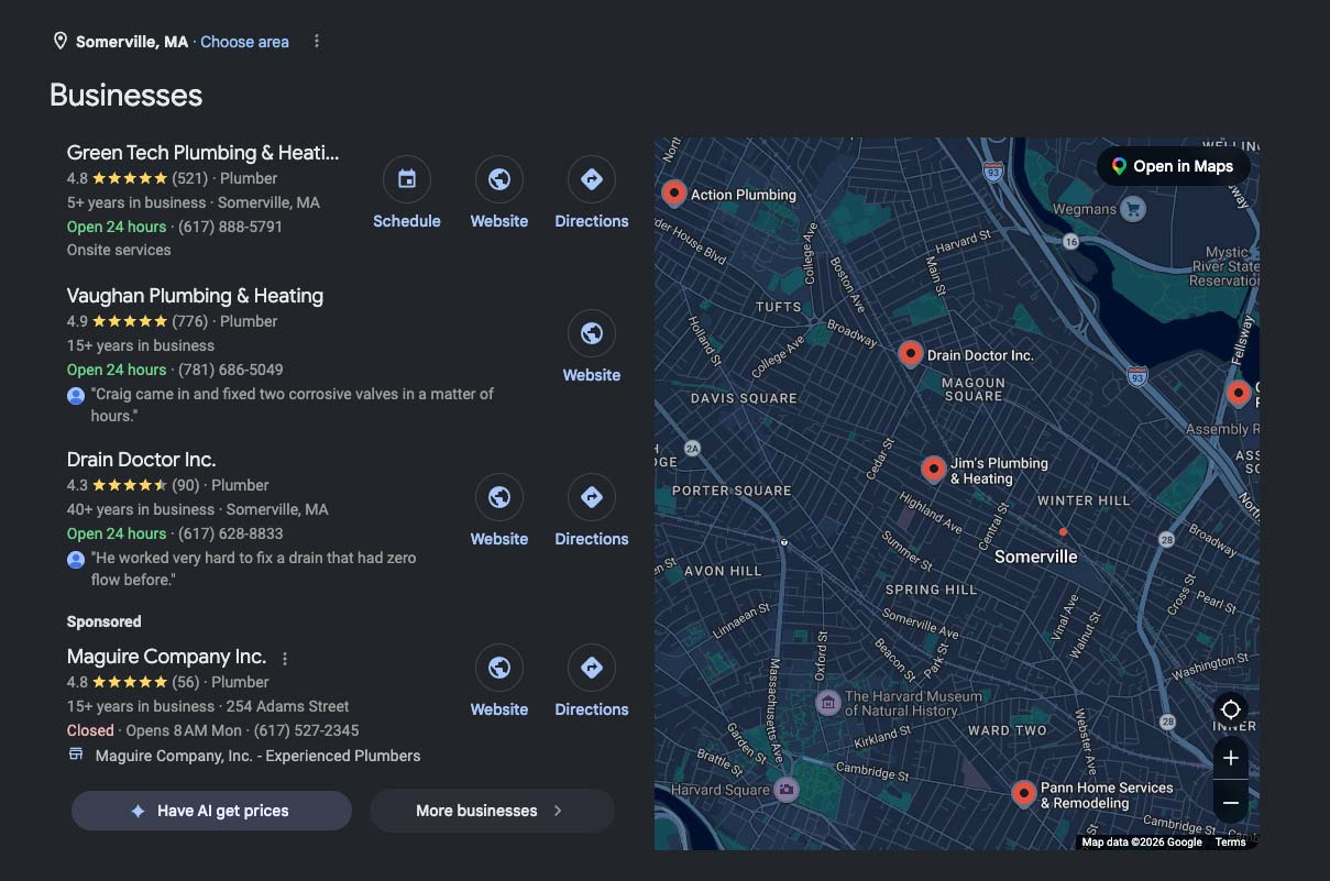 Google local plumbing results and map for plumbers serving Somerville, Massachusetts