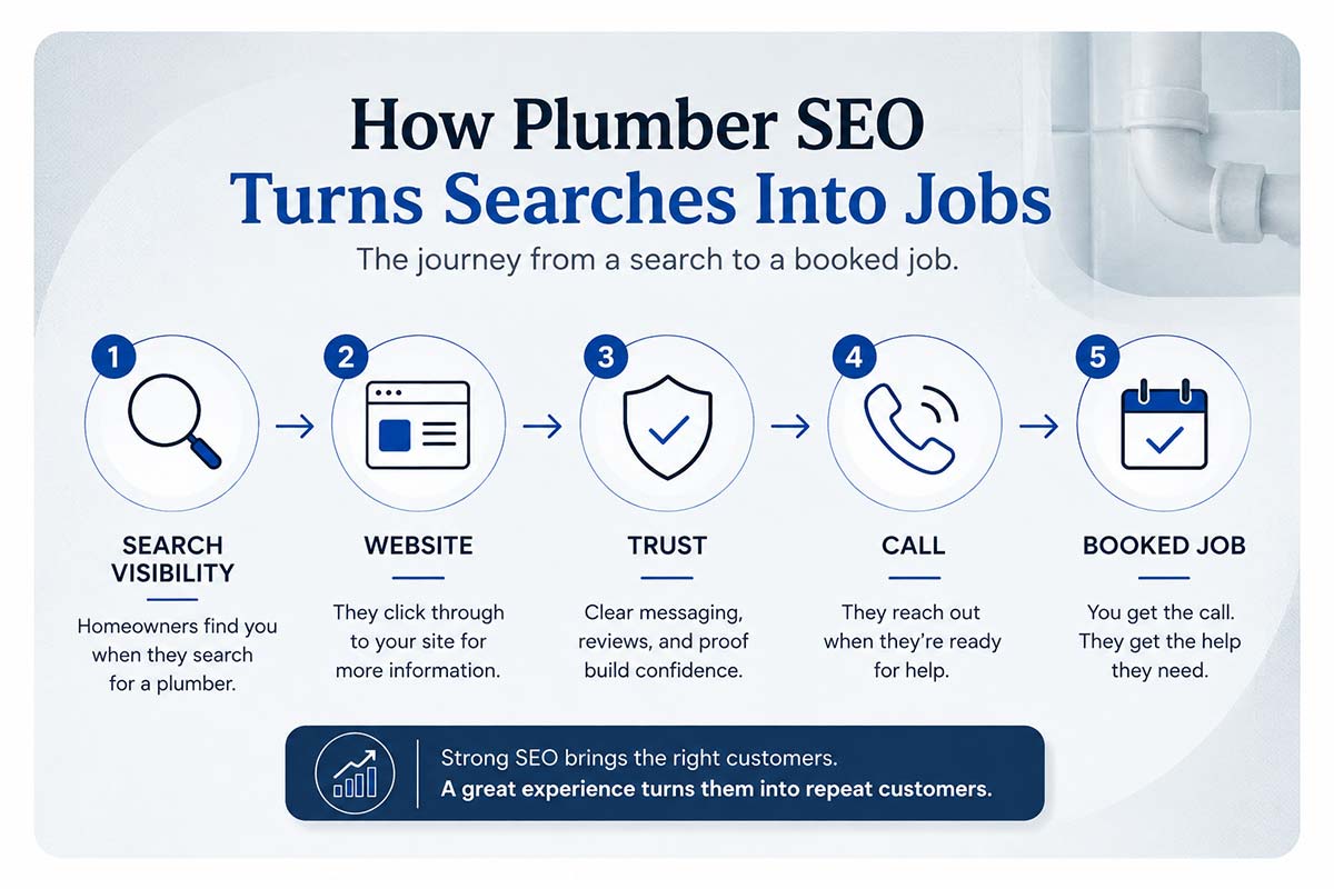 SEO for plumbers infographic showing how search visibility can lead to website visits, calls, and booked jobs