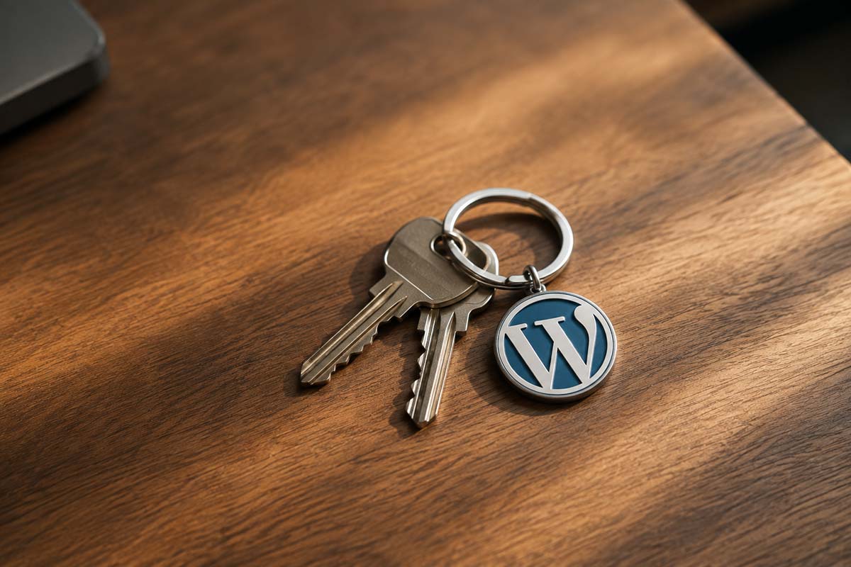 Set of keys with a WordPress logo keychain resting on a wooden desk.