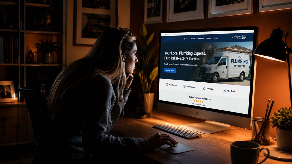 Woman browsing a local plumbing company website on a desktop computer