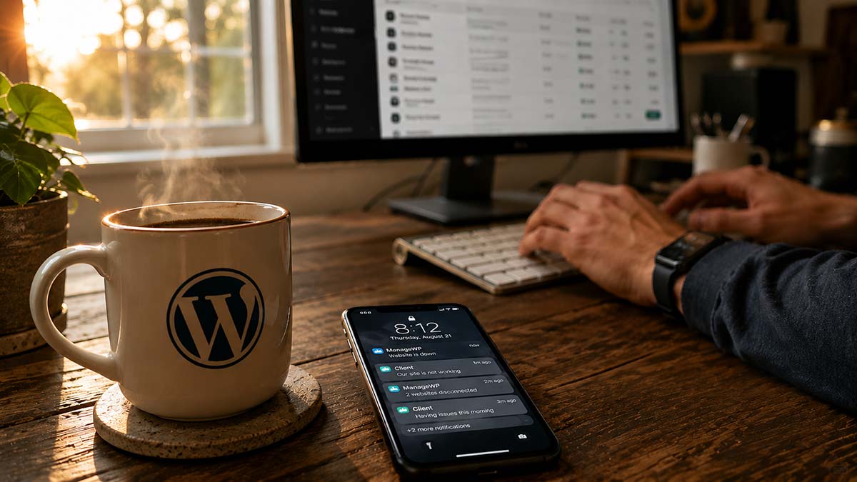 WordPress coffee mug beside a phone and computer at a developer's desk.