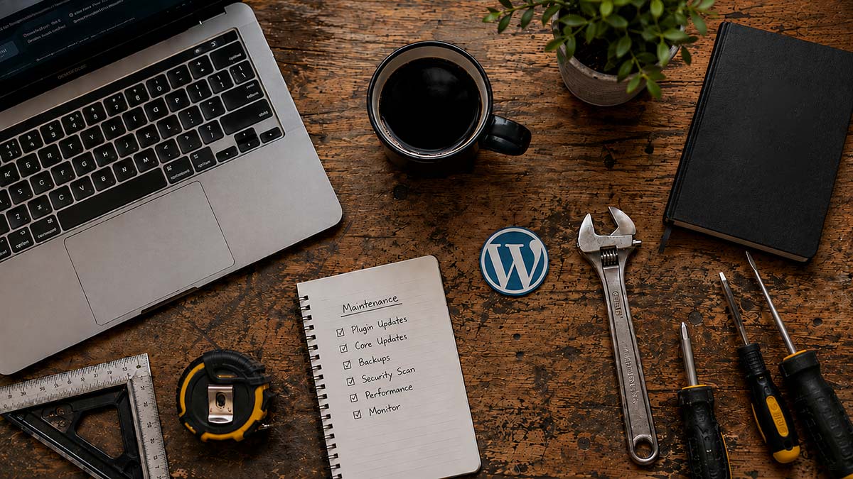WordPress maintenance concept with a laptop, coffee, tools and a website maintenance checklist on a workbench.